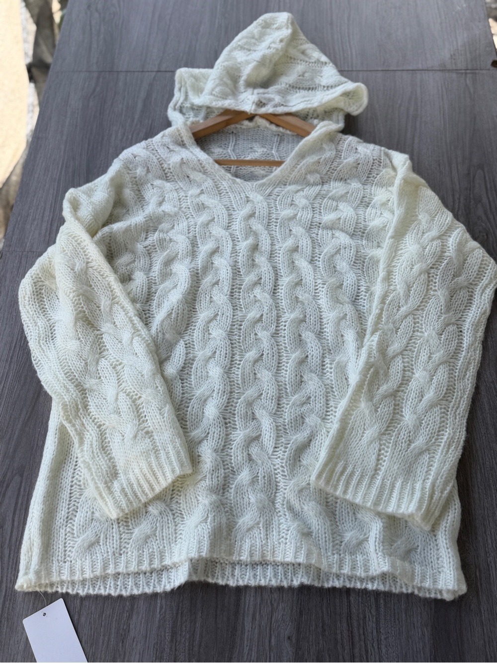 Cream White Open Cable Knit Hooded Sweater Women XXL V-Neck Slouchy Pullover - Picture 5 of 12